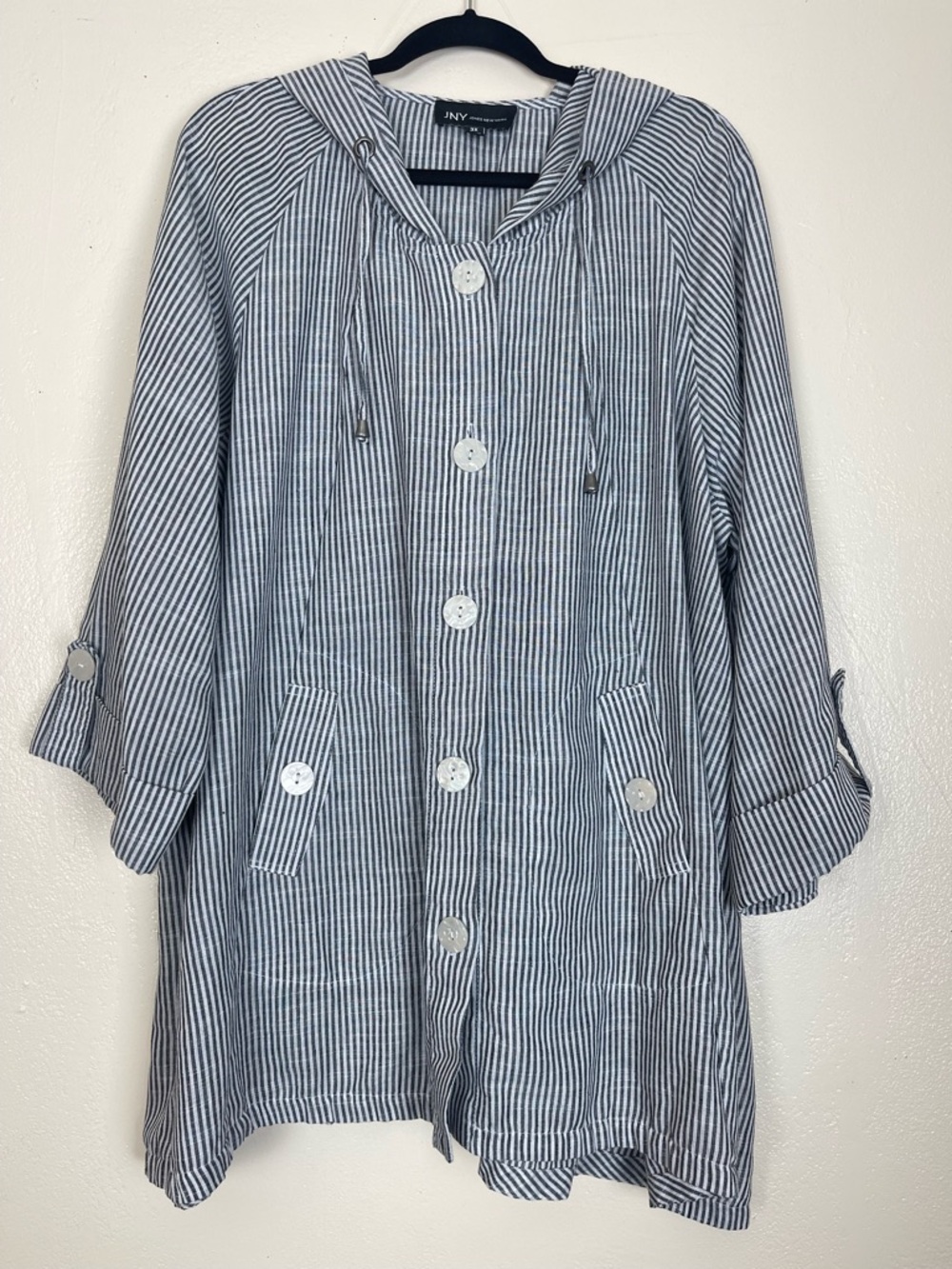 JNY Striped Hooded Button-Up Jacket in Black and White